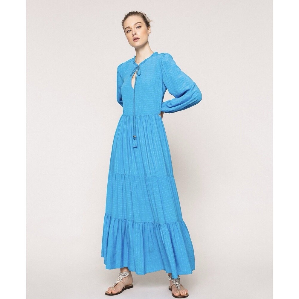 Twinset Milano Blu Bay Maxi Dress Rope Tassel Tiered Ruffle Silk Feel XS NWT